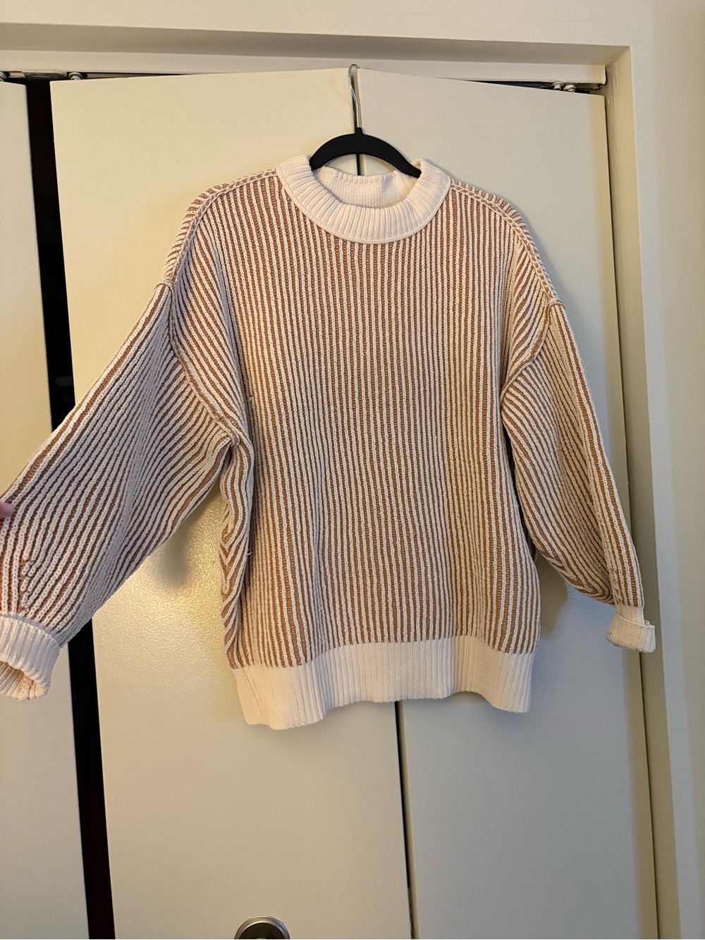 Aerie Cream and Tan Striped Crewneck Sweater